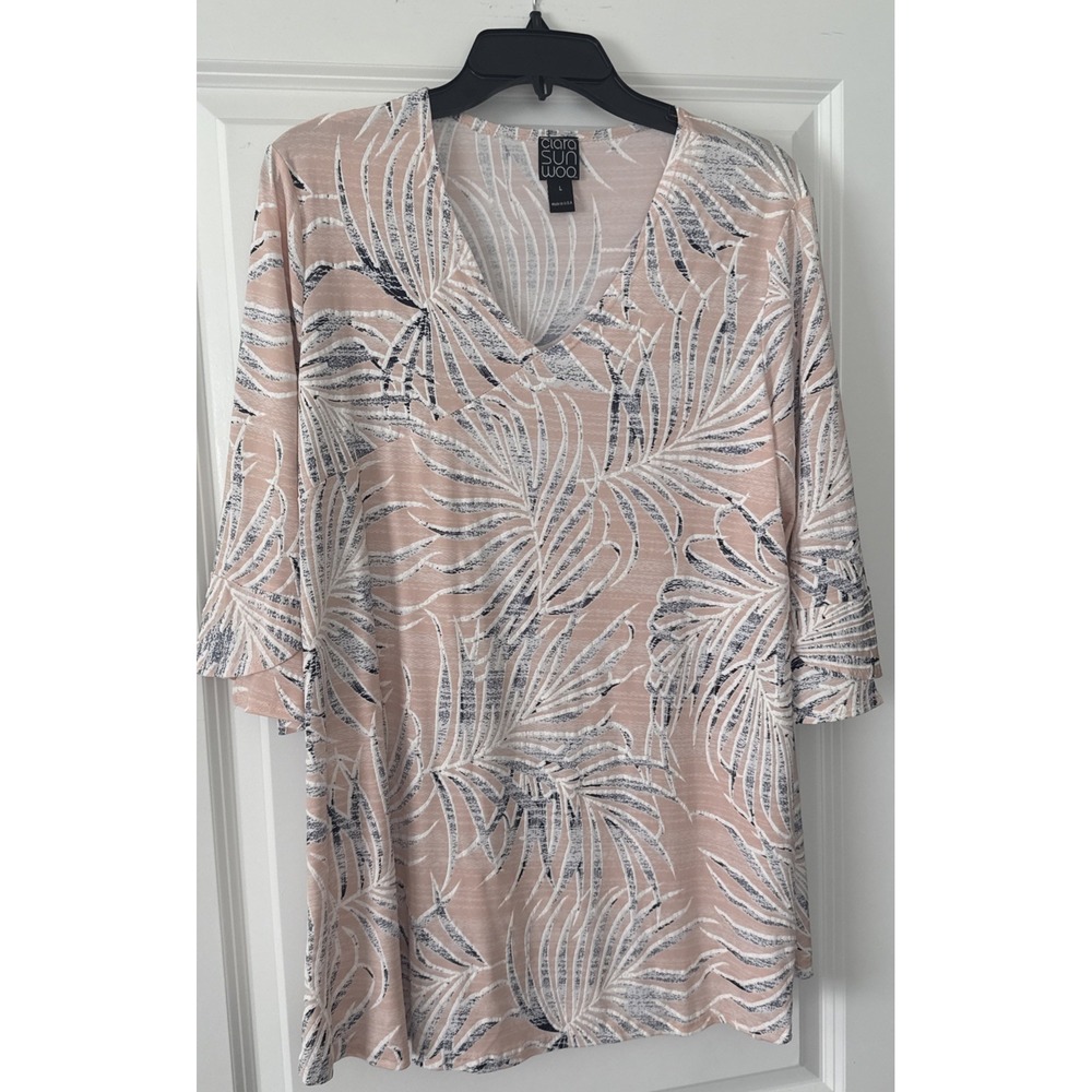 Clara Sun Woo Top Texture Palm‎ Design Size L Tunic Stretchy Shirt 3/4 Sleeves